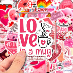 50PCS Valentines Day Stickers Decorative Creative Stickers Cartoon Stickers Heart Pink Stickers For Laptop,Bumper,Skateboard,Water Bottles Computer Phone Valentines Items