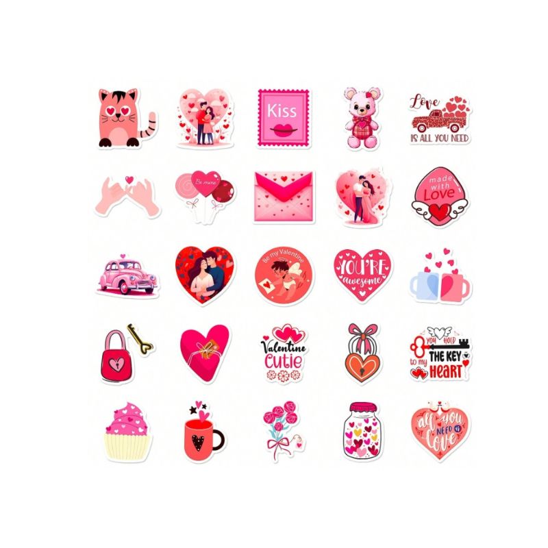 50PCS Valentines Day Stickers Decorative Creative Stickers Cartoon Stickers Heart Pink Stickers For Laptop,Bumper,Skateboard,Water Bottles Computer Phone Valentines Items