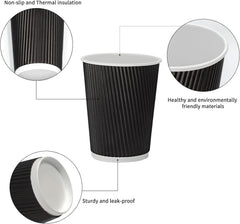 8oz Disposable Paper Coffee Cups with Lids & Straws 100 Sets, Black Kraft Insulated Cups
