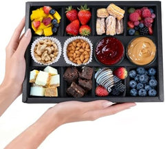 Ganfaner 10-Pack Disposable 8-Compartment Pastry Box with Lids - Black Divided Bakery Treat Boxes with Dip Holder, BPA-Free Paper Serving Trays for Charcuterie, Cupcakes, Cookies, Party Catering [12.5"x9.3"x2"]