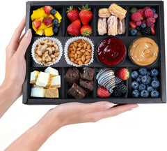 Ganfaner 10-Pack Disposable 8-Compartment Pastry Box with Lids - Black Divided Bakery Treat Boxes with Dip Holder, BPA-Free Paper Serving Trays for Charcuterie, Cupcakes, Cookies, Party Catering [12.5"x9.3"x2"]