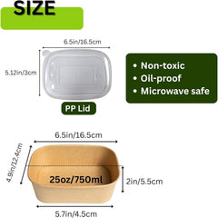 Ganfaner 25oz Disposable Paper Bowls with Lids - 50 Pack Microwave-Safe Kraft Meal Prep Containers, Leakproof Salad Bowls for Hot & Cold Food