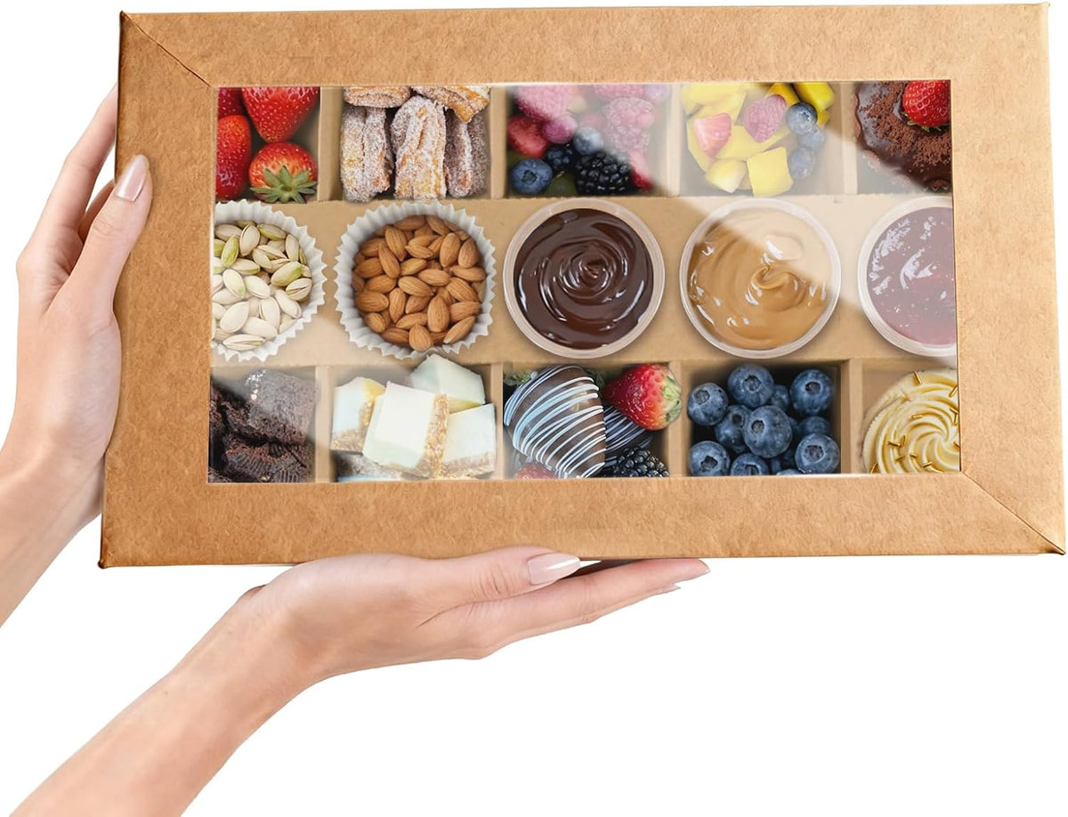 Ganfaner 10-Pack Disposable 8-Compartment Pastry Box with Lids - Black Divided Bakery Treat Boxes with Dip Holder, BPA-Free Paper Serving Trays for Charcuterie, Cupcakes, Cookies, Party Catering [12.5"x9.3"x2"]