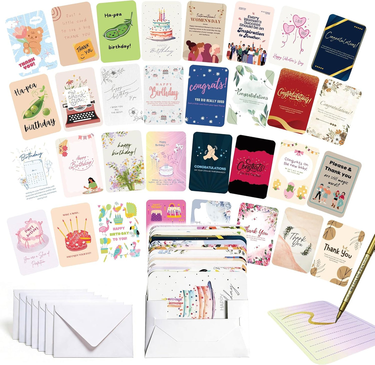 Ganfaner 48pcs Greeting Cards Assortment Pack with Envelopes - Premium 400gsm Cardstock Cards Set with Organizer Box & Golden Ink Pen, Birthday Anniversary Wedding Thank You All Occasions
