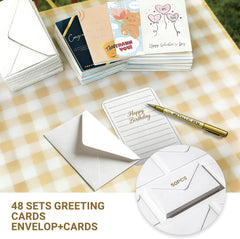 Ganfaner 48pcs Greeting Cards Assortment Pack with Envelopes - Premium 400gsm Cardstock Cards Set with Organizer Box & Golden Ink Pen, Birthday Anniversary Wedding Thank You All Occasions
