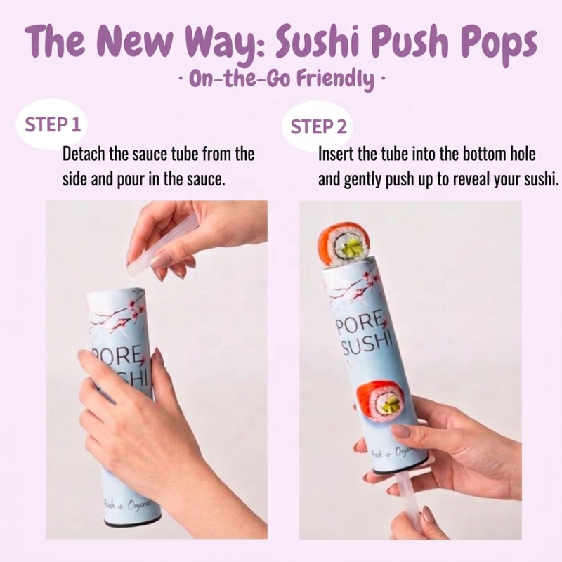 How to use Ganfaner sushi push pops - detach the sauce tube, pour sauce, insert into the bottom hole and push up