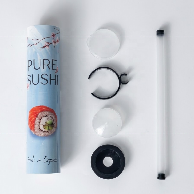 Ganfaner sushi push pop container parts - paper tube, PP caps, lid, side clip and sauce stick laid out