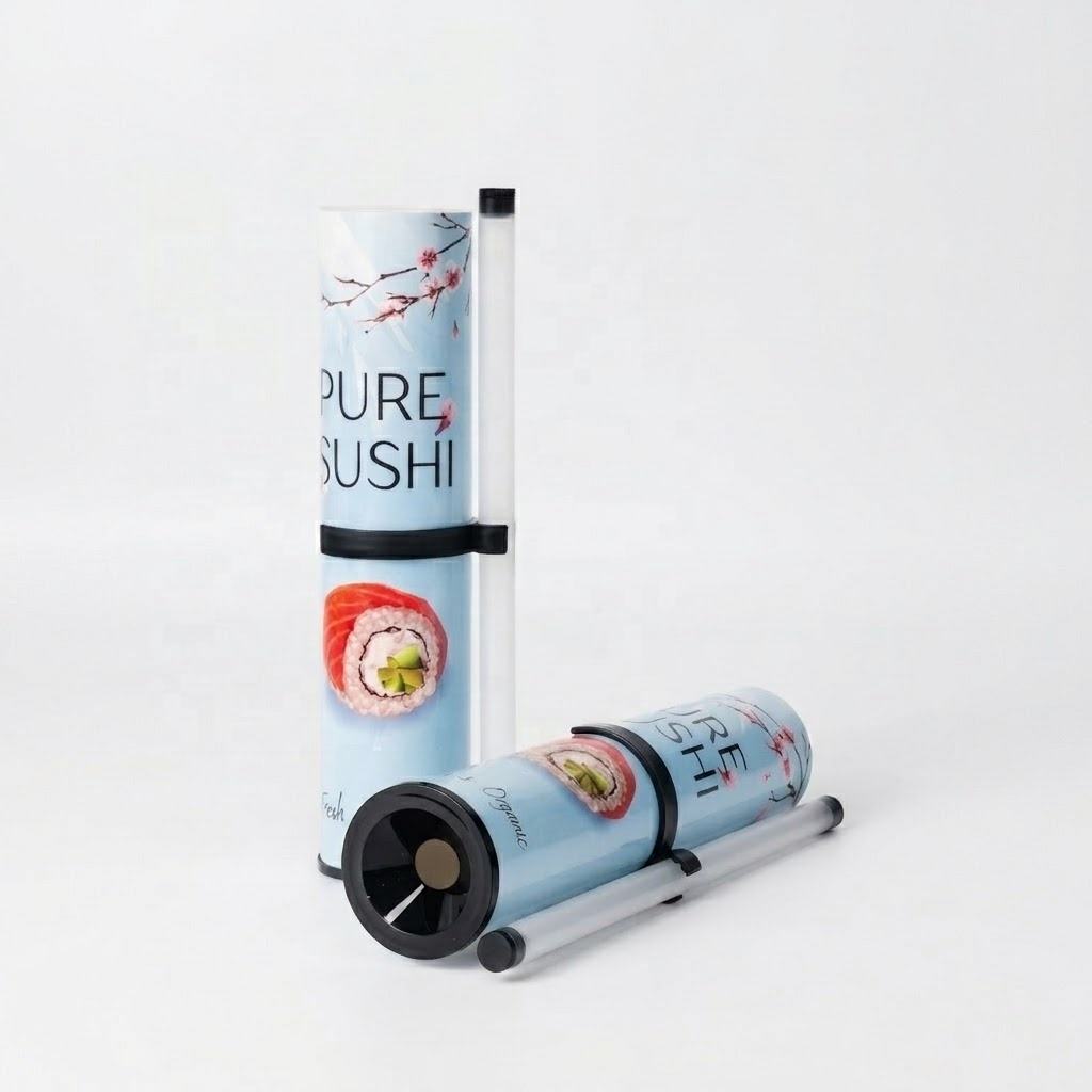 Two Ganfaner push pop sushi tubes, standing and lying, with clip-on sauce sticks